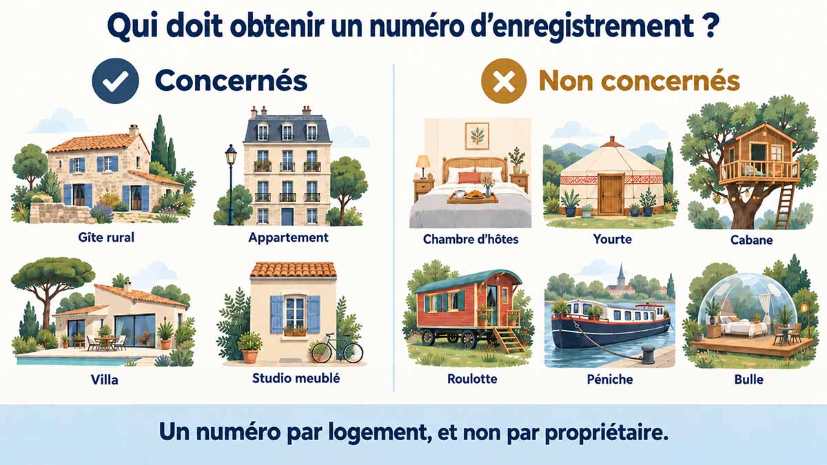 Comparatif des hébergements concernés par le numéro d'enregistrement, gîte rural, appartement, villa, studio, et de ceux qui en sont exclus, chambre d'hôtes, yourte, cabane, roulotte, péniche, bulle